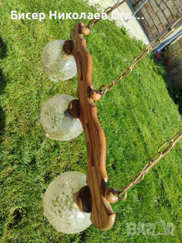 Уникален масивен дървен полилей с красиви стъкленици, синджири и розетка , снимка 3 - Лампи за таван - 44928643