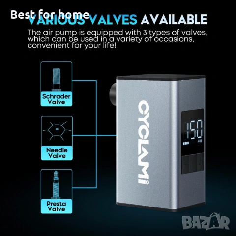 CYCLAMI Мини електрическа помпа за велосипед – 100 PSI, Презареждаема, Алуминиев корпус, за Presta &, снимка 5 - Аксесоари за велосипеди - 53166160