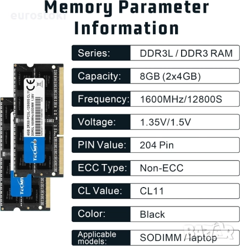 TECMIYO DDR3L 1600MHz 8GB комплект (2x4GB) Ram PC3L-12800S CL11 1.35V/1.5V PC3 12800, снимка 5 - RAM памет - 51546355