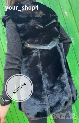 Дамски елек с пух и кожени елементи в черно , снимка 6 - Елеци - 47320631