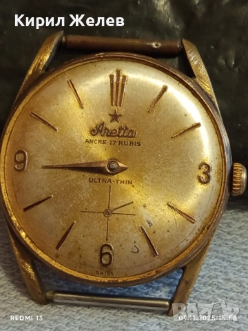 Рядък механичен часовник Aretta swiss made няма стъкло с позлата Au 10 за КОЛЕКЦИОНЕРИ 51530