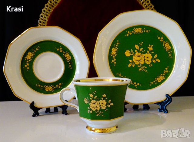 Чаша с чинии баварски порцелан,злато,рози,смарагд, снимка 1 - Чаши - 38215190