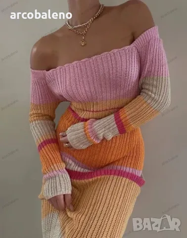 Плетена дамска рокля с кръгло деколте и отворени рамене с дълги ръкави, 2цвята , снимка 7 - Рокли - 47991169