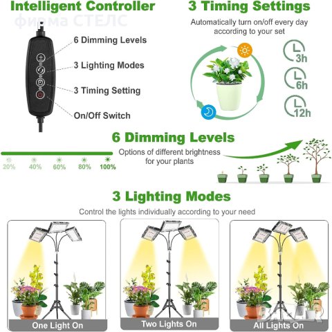 Лампа за отглеждане на растения STELS, Трипод, Таймер, 150 LED, Черен, снимка 3 - Други - 44065220