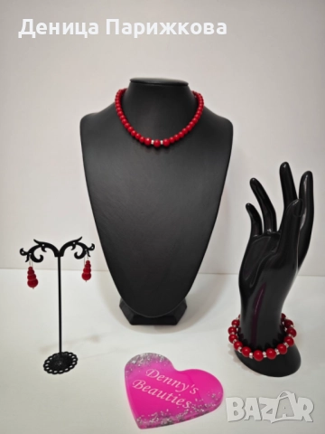 Ръчно изработен комплект бижута с червен корал – гривна, колие и обеци 