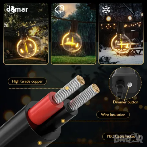 6 м Външни G40 LED глобусни светлини 4 режима Димируеми, водоустойчиви крушки 7+1, снимка 3 - Лед осветление - 48896907