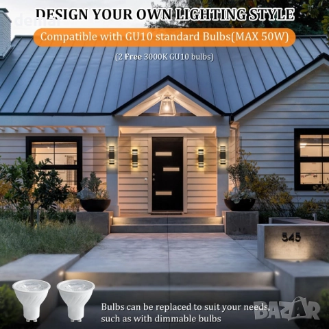 CELAVY Външна стенна лампа, IP65 LED лампа за веранда/входна врата, 2хGU10 крушки, черна, снимка 7 - Лампи за стена - 51932464