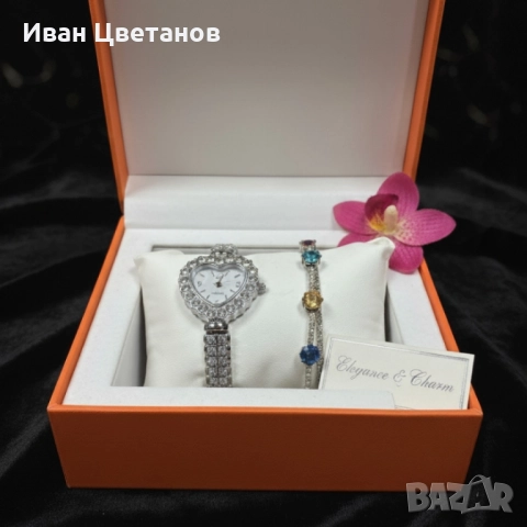 Сърцевиден дамски часовник с гривна и кристали – стил и практичност в кутия, снимка 2 - Дамски - 52124688