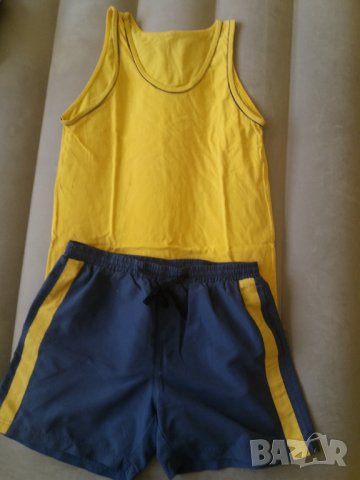 Летен мъжки комплект жълт потник с къси сини гащета Размер М-Л, снимка 1 - Къси панталони и бермуди - 32970845
