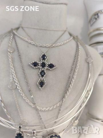 сребърен кръст с естествен син сапфир, снимка 5 - Колиета, медальони, синджири - 52392866
