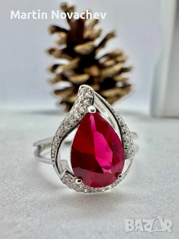 Сребърен пръстен със синтетичен рубин, снимка 8 - Пръстени - 53438219