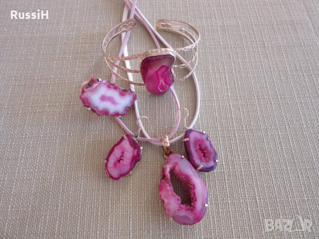 Комплект с розова друза ахат, снимка 2 - Бижутерийни комплекти - 35503855