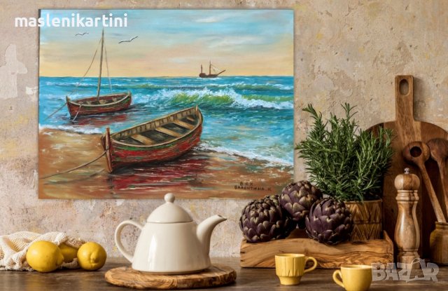 Море и лодки маслена картина , снимка 5 - Картини - 42821202