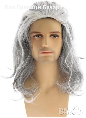 Нова Мъжка перука дълга сива бяла вълнообразна cosplay Хелоуин парти, снимка 2 - Аксесоари за коса - 52939445