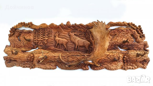 Пано - дърворезба / закачалка / с рога от елен и сръндак, снимка 1 - Пана - 17621296