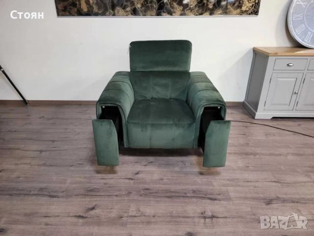 Зелен фотьойл от плат с електрически релаксиращ механизъм, снимка 6 - Дивани и мека мебел - 51955468