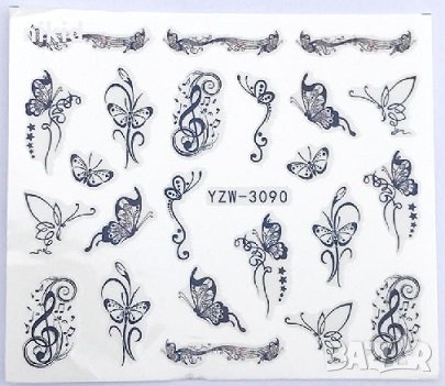 YZW-3090 Черни пеперуди ключ Сол ноти нота слайдер ваденки водни стикери за нокти маникюр татос, снимка 2 - Продукти за маникюр - 26774169