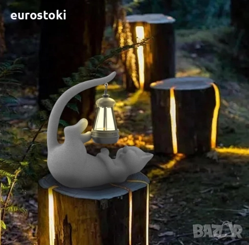 Декоративна статуя Котка със соларно фенерче, градинска фигурка от смола, декорация за дом/градина