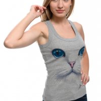 Нов дамски сив потник с 3D трансферен печат Котка със сини очи, Х-гръб, снимка 6 - Потници - 33288703