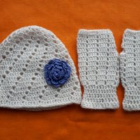 Комплект ръчно плетени шапки с ръкавици без пръсти, снимка 1 - Шапки - 43354426