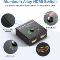 4K HDMI сплитер, алуминиев двупосочен 1 вход 2 изход или 2 входа 1 изход, 4K 3D 1080P HD, Plug & Pla, снимка 4 - Други - 38015518