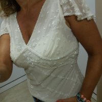 УНИКАЛНО КРАСИВА бяла блуза от тюл, цялата обшита с пайети и синци, снимка 4 - Тениски - 40225157