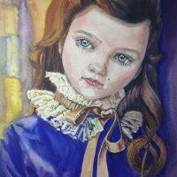 Малко момиче с дантелена яка и синя кадифена дреха, снимка 1 - Картини - 27006870