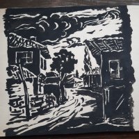 Картина "Село" на худ. Стефан Куцаров,туш на картон, снимка 1 - Антикварни и старинни предмети - 43732059