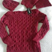 Лот шал, шапка и пуловер, снимка 1 - Блузи с дълъг ръкав и пуловери - 35090495