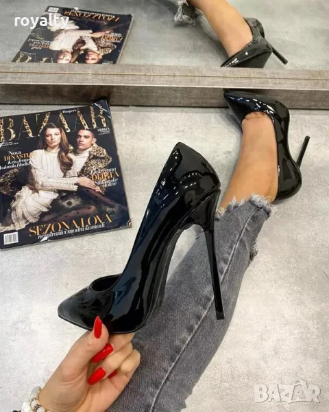 Обувки на ток - черен лак с черен ток - 6060, снимка 1
