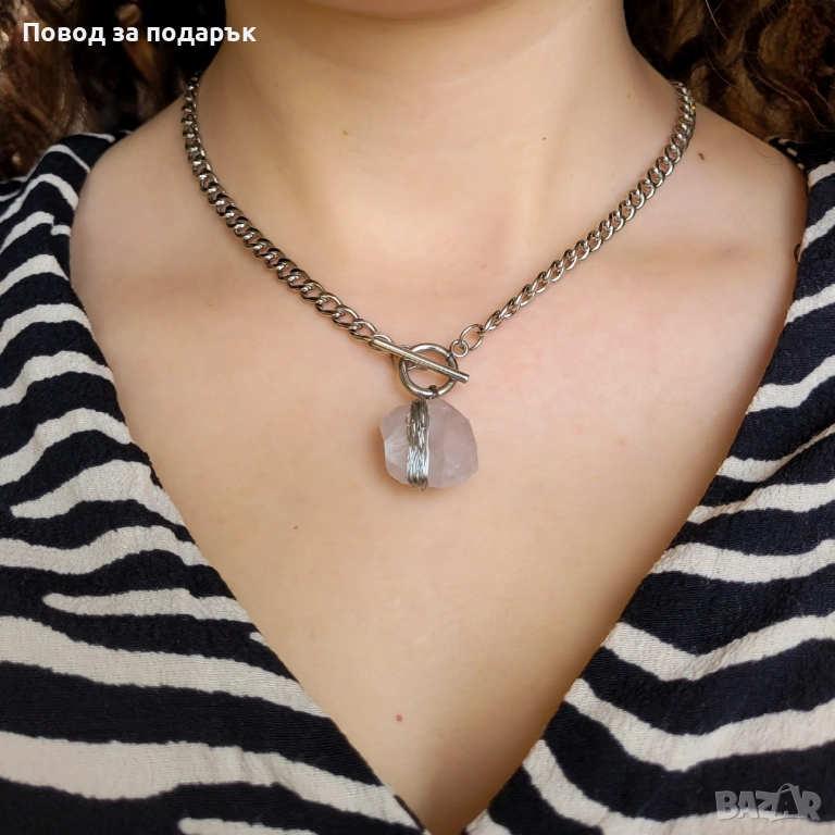 Колие от неръждаема стомана и естествен кварц , снимка 1