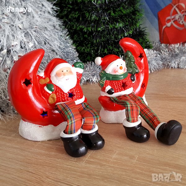 Светеща керамична фигурка Дядо Коледа Снежко с луна коледна декорация, снимка 1