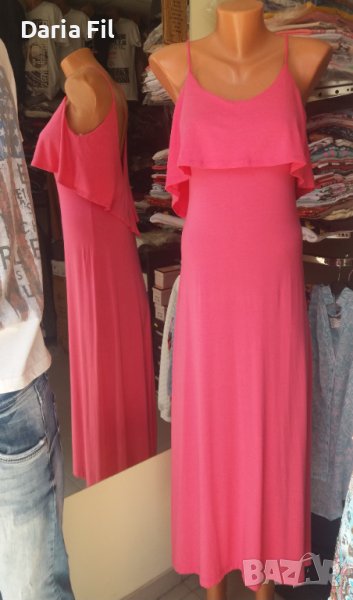 Дълга розова рокля с волан над бюста и леко отворен гръб , снимка 1