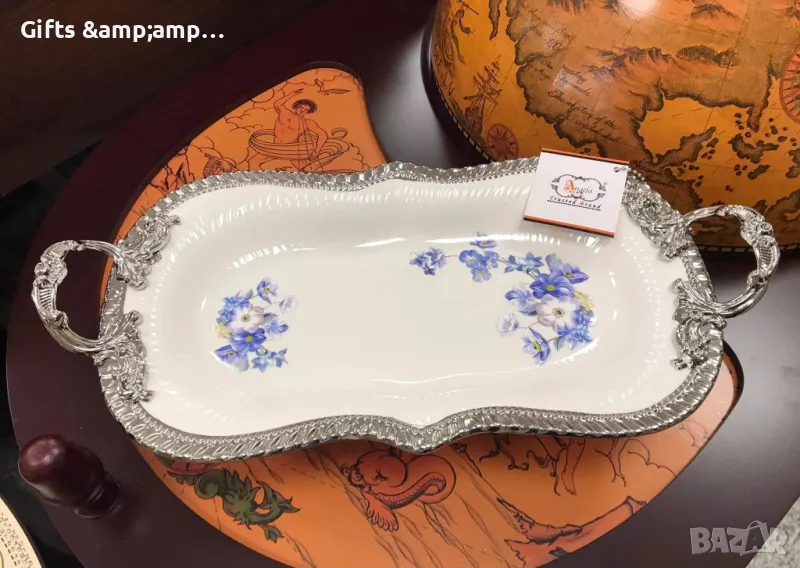 Красиво порцеланово плато с метални дръжки и крачета, снимка 1