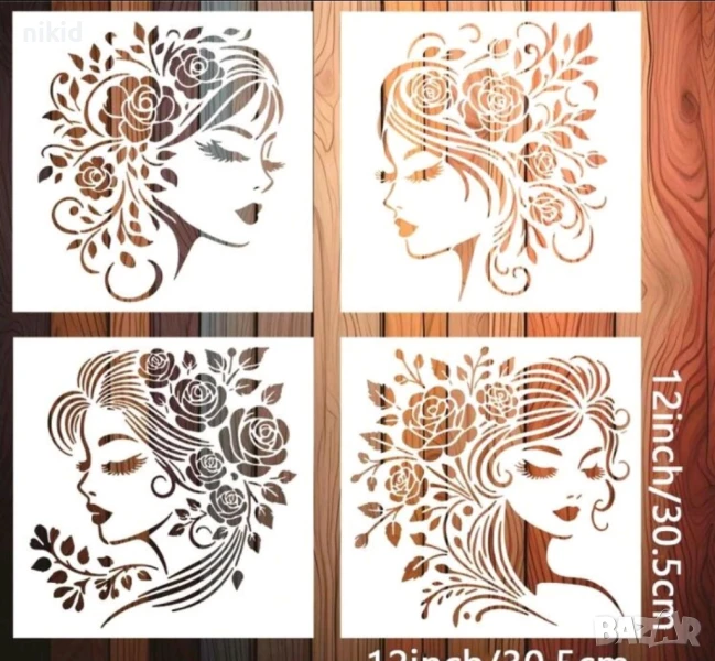 4 Вида жена момиче с рози цветя в косата стенсил шаблон за спрей за торта украса стена Scrapbooking, снимка 1