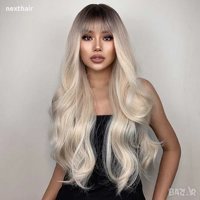 70 см Чуплива руса омбре перука с тъмни корени и бретон, снимка 1