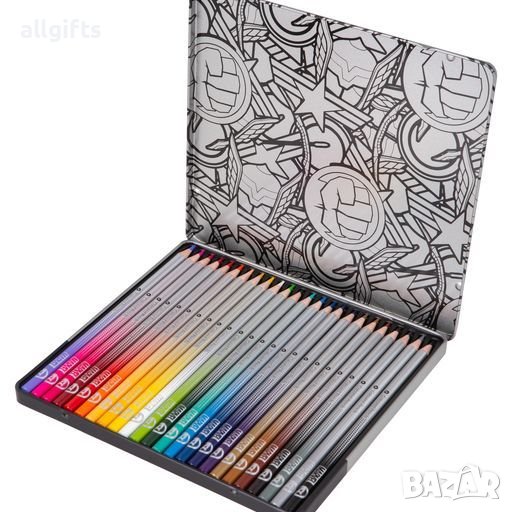 Цветни моливи в метална кутия 24 цвята Avengers Disney 100 Black, снимка 1