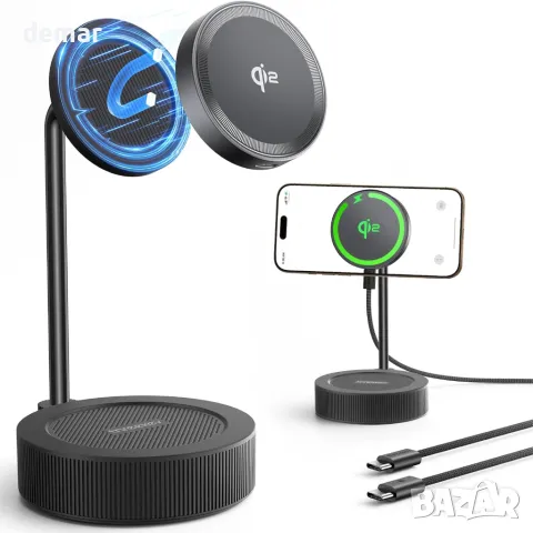 Threekey 15W Qi2 Mag-safe Съвместима безжична зарядна стойка за iPhone и Airpods, черна