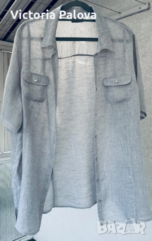 Риза от тънък лен овърсайз френско сиво, снимка 2 - Ризи - 51718222