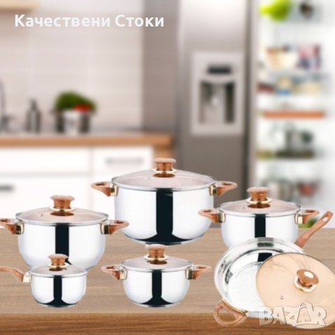 Комплект от 12 части съдове за готвене от неръждаема стомана със стъклени капаци, снимка 1 - Съдове за готвене - 43682678