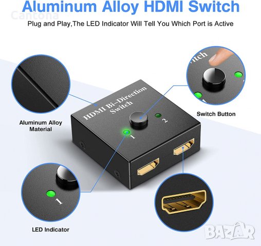 4K HDMI сплитер, алуминиев двупосочен 1 вход 2 изход или 2 входа 1 изход, 4K 3D 1080P HD, Plug & Pla, снимка 4 - Други - 38015518