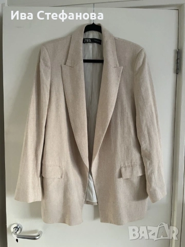  Zara ръстик елегантен бежов блейзър сако овърсайз модел с елегантна раирана подплата вискоза  , снимка 2 - Сака - 49702051