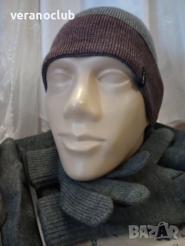 Мъжки плетен комплект Шапка Шал Ръкавици Сив, снимка 2 - Шапки - 42960103