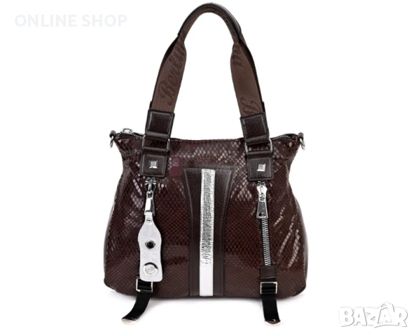 Луксозна Дамска чанта от висококачествена кожа във кафяв цвят 