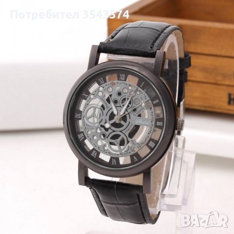 Изискан прозрачен мъжки ръчен часовник с кварцов механизъм и кожена каишка, снимка 1 - Мъжки - 39285205