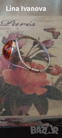 Сребърна гривна с кехлибар., снимка 3 - Гривни - 50518400