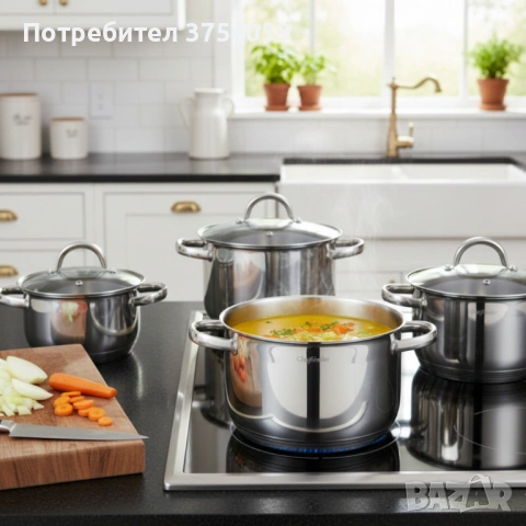 Комплект тенджери Cheffinger – 8 части инокс с капаци, за всички видове котлони, снимка 3 - Съдове за готвене - 53124507