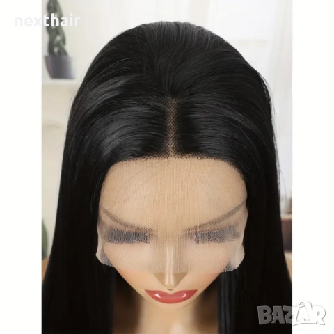 80 см Дантелена черна права перука от висококачествен синтетичен косъм, снимка 5 - Аксесоари за коса - 52231498