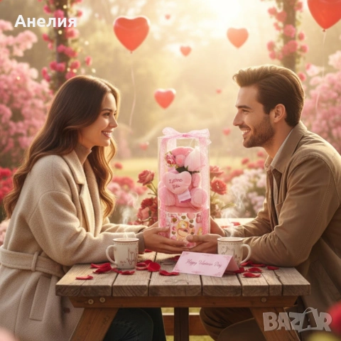 Подаръчен комплект с плюшено мече и надпис „Love you“ в прозрачна кутия, снимка 5 - Подаръци за жени - 53057400