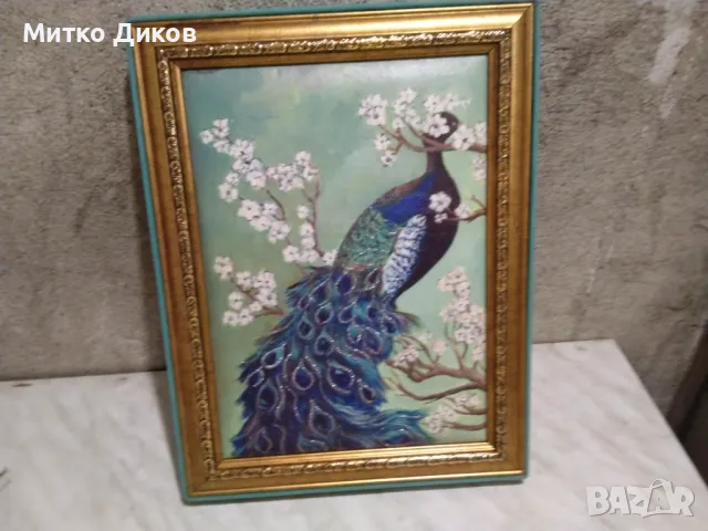 Картина Кралски Паун с инкрустирани кристалчета върху кожено платно нова 29х38см  и 217х302мм